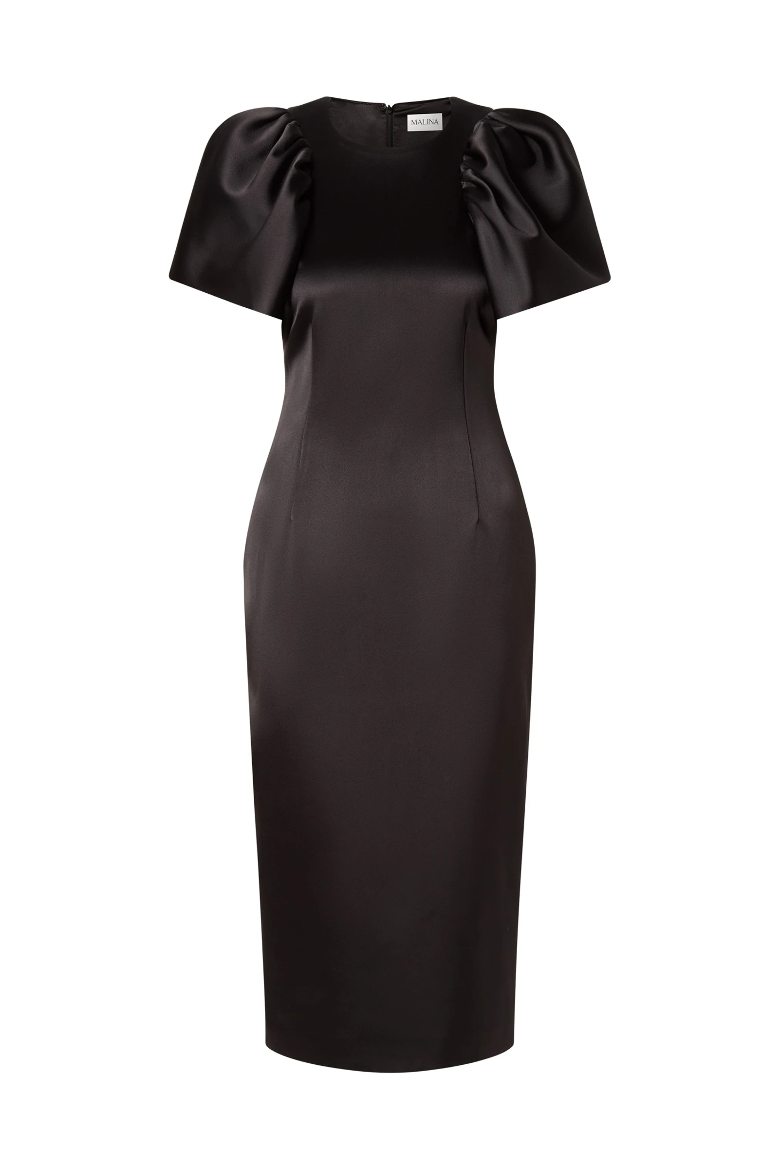 By Malina Zindy Fitted Pouf Sleeve Midi Dress in Black By Malina Zindy Fitted Pouf Sleeve Midi Dress in Black