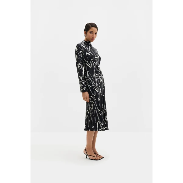 By Malina Zora Long Sleeve Midi Dress in Black Marble, view 3