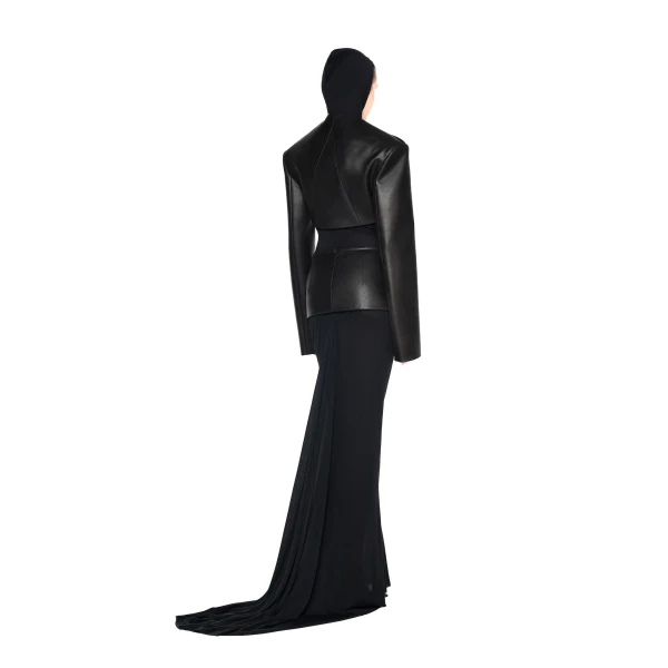 CHATS by C.Dam Sabry Leather Jacket and Skirt Set in Black, view 3