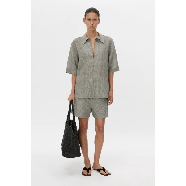Camilla and Marc Phostre Stripe Linen Collared Top in Black and White, view 2 | Shirts | Luxury Shoes 