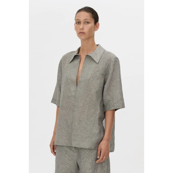 Camilla and Marc Phostre Stripe Linen Collared Top in Black and White, view 3 | Shirts | Luxury Shoes 