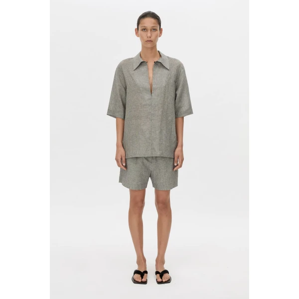 Camilla and Marc Phostre Stripe Linen Collared Top in Black and White, view 4 | Shirts | Luxury Shoes 