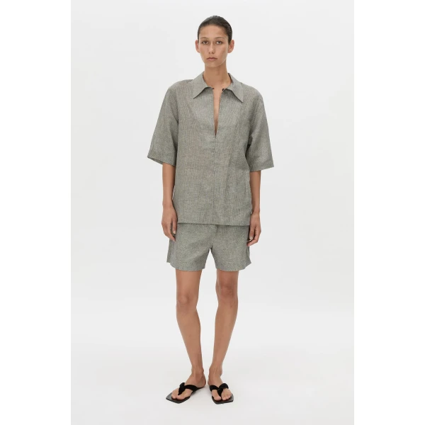 Camilla and Marc Phostre Stripe Linen Collared Top in Black and White, view 5 | Shirts | Luxury Shoes 