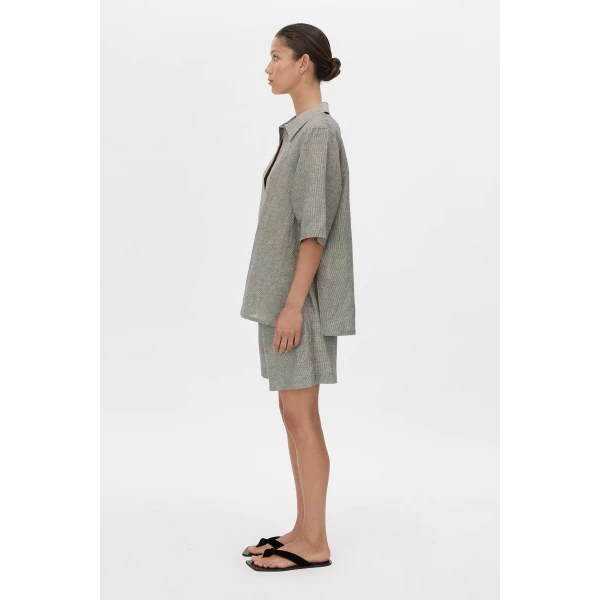 Camilla and Marc Phostre Stripe Linen Collared Top in Black and White, view 6 | Shirts | Luxury Shoes 