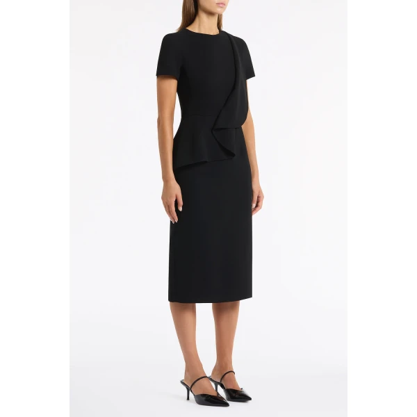 Carla Zampatti Black Crepe Drape Peplum Midi Dress | Midi Dresses | Luxury Shoes 