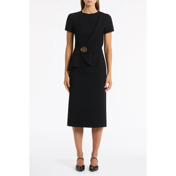 Carla Zampatti Black Crepe Drape Peplum Midi Dress | Midi Dresses | Luxury Shoes 
