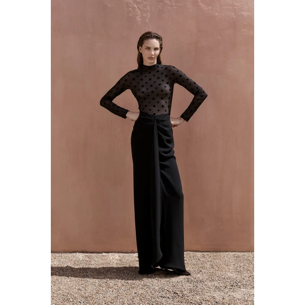 Carla Zampatti Black Mesh Spot Contrast Gown | Evening Gowns | Luxury Shoes 
