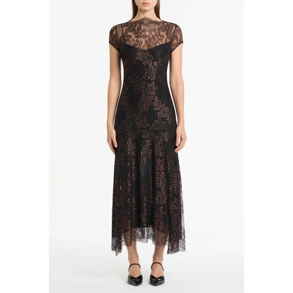 Carla Zampatti Black Metallic Lace Cap Sleeve Midi Dress | Midi Dresses | Luxury Shoes 