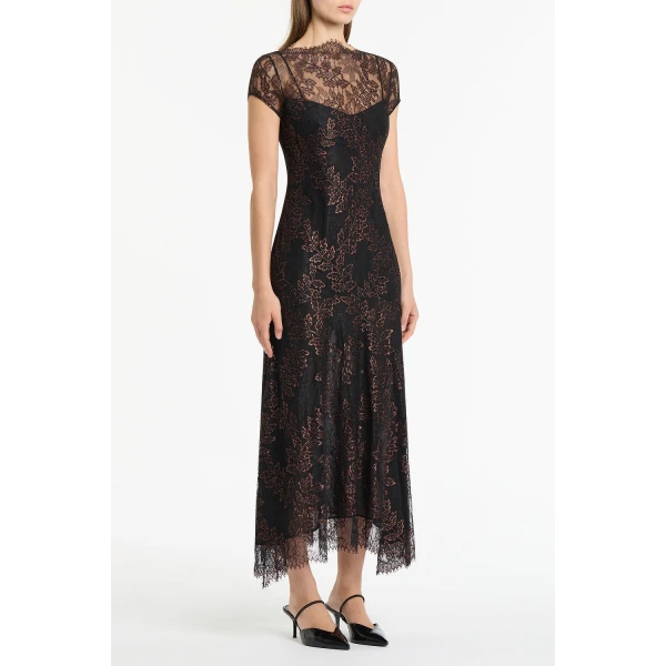 Carla Zampatti Black Metallic Lace Cap Sleeve Midi Dress | Midi Dresses | Luxury Shoes 