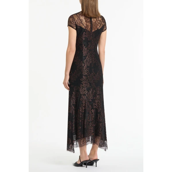Carla Zampatti Black Metallic Lace Cap Sleeve Midi Dress | Midi Dresses | Luxury Shoes 