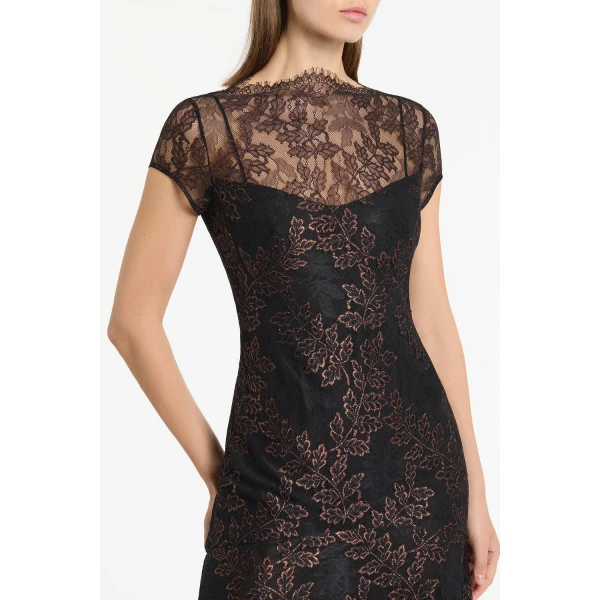Carla Zampatti Black Metallic Lace Cap Sleeve Midi Dress | Midi Dresses | Luxury Shoes 