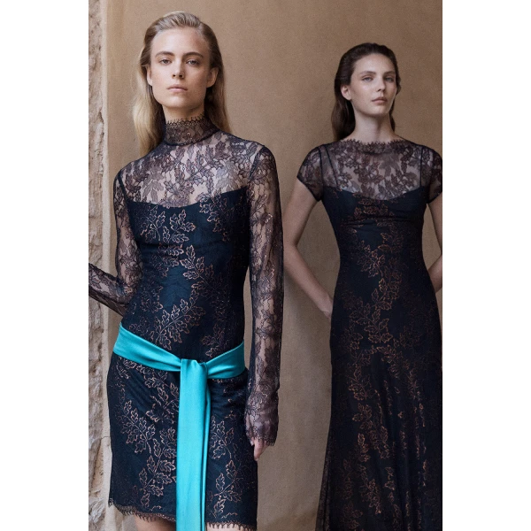 Carla Zampatti Black Metallic Lace Cap Sleeve Midi Dress | Midi Dresses | Luxury Shoes 