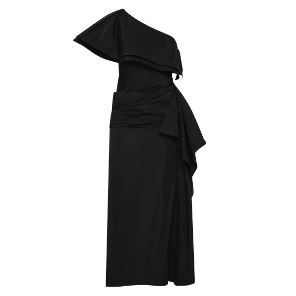 Black Taffeta Asymmetric One Shoulder Dress