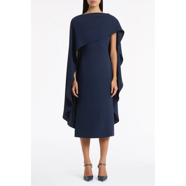 Carla Zampatti Navy Crepe Cape Midi Dress | Midi Dresses | Luxury Shoes 