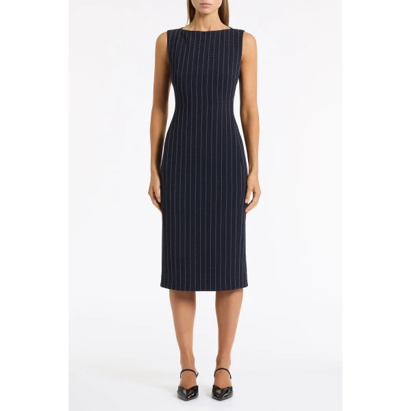 Carla Zampatti Navy Pinstripe Sheath Dress | Midi Dresses | Luxury Shoes 