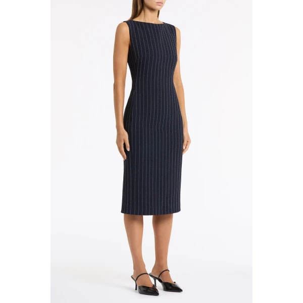 Carla Zampatti Navy Pinstripe Sheath Dress | Midi Dresses | Luxury Shoes 