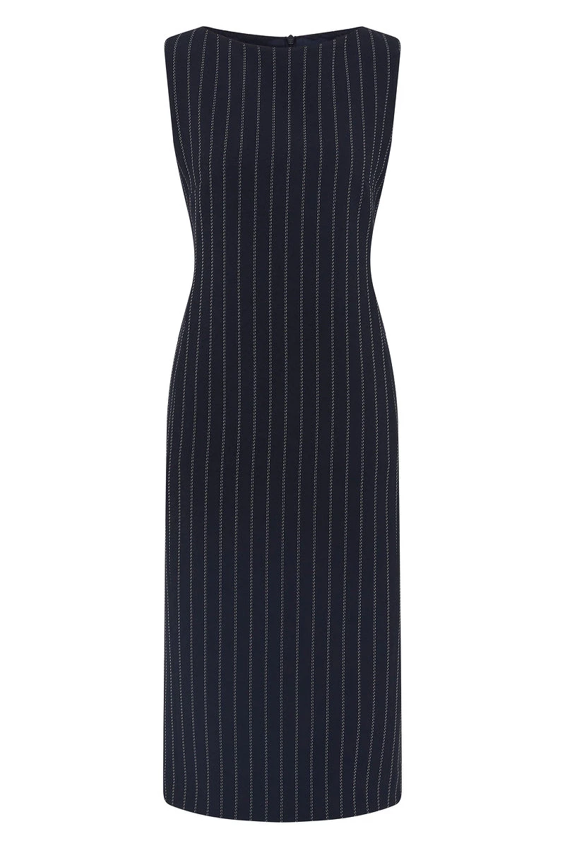 Carla Zampatti Navy Pinstripe Sheath Dress Carla Zampatti Navy Pinstripe Sheath Dress | Midi Dresses | Luxury Shoes