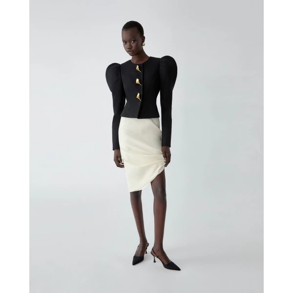 Carolina Herrera Asymmetric Gathered Knee-Length Skirt in Ivory, view 4