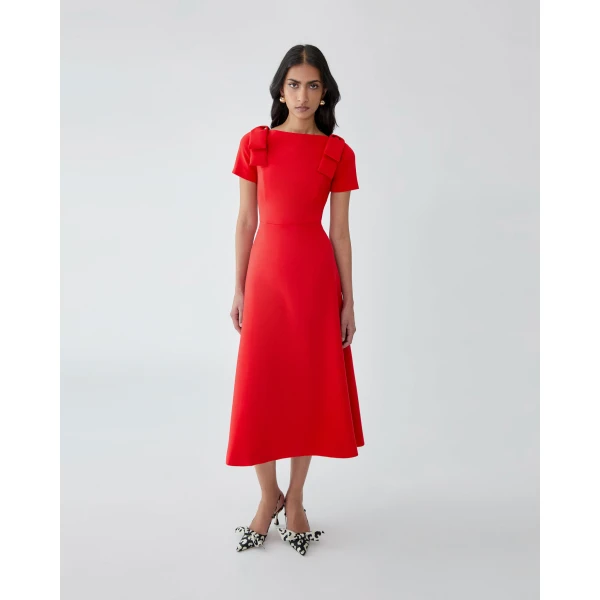 Carolina Herrera Bow-Shoulder Midi Dress in Chili Red, view 4