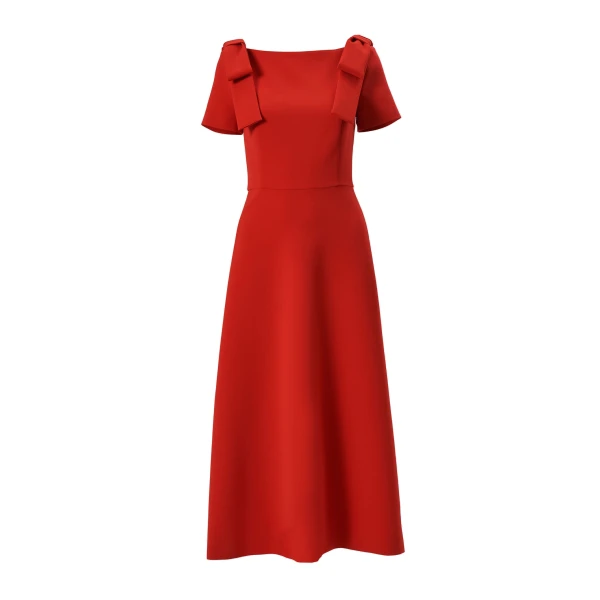 Bow-Shoulder Midi Dress in Chili Red