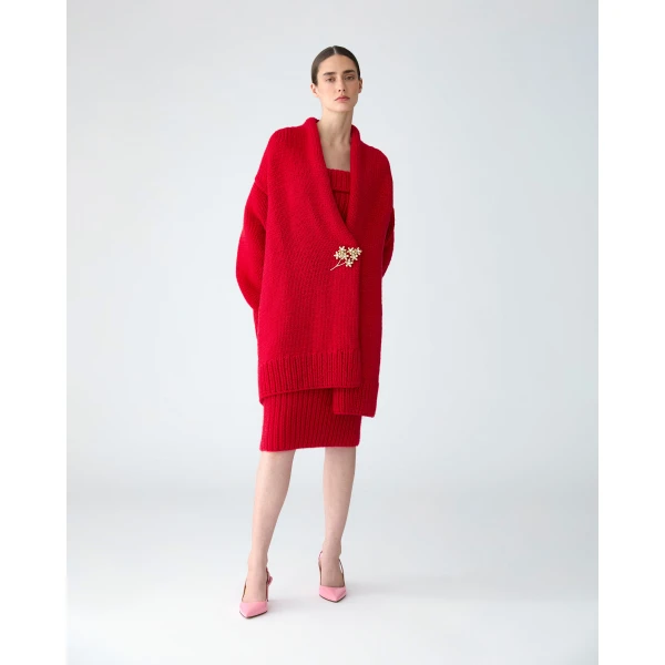 Carolina Herrera Cashmere Knit Shawl Coat in Scarlet, view 2