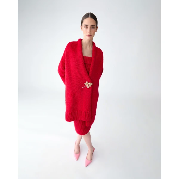 Carolina Herrera Cashmere Knit Shawl Coat in Scarlet, view 4