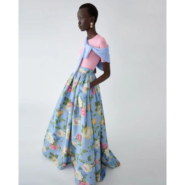 Carolina Herrera Chiné Floral-Print Ball Skirt in Cloudy Blue Mult, view 4