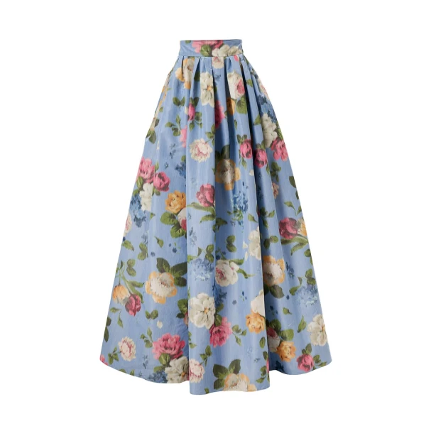 Carolina Herrera Chiné Floral-Print Ball Skirt in Cloudy Blue Mult
