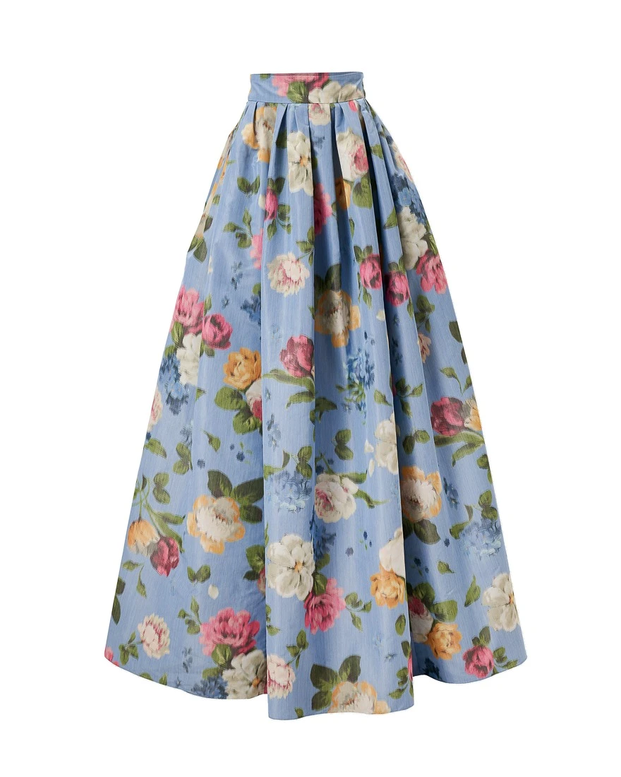 Carolina Herrera Chiné Floral-Print Ball Skirt in Cloudy Blue Mult | Skirts | Luxury Shoes Carolina Herrera Chiné Floral-Print Ball Skirt in Cloudy Blue Mult