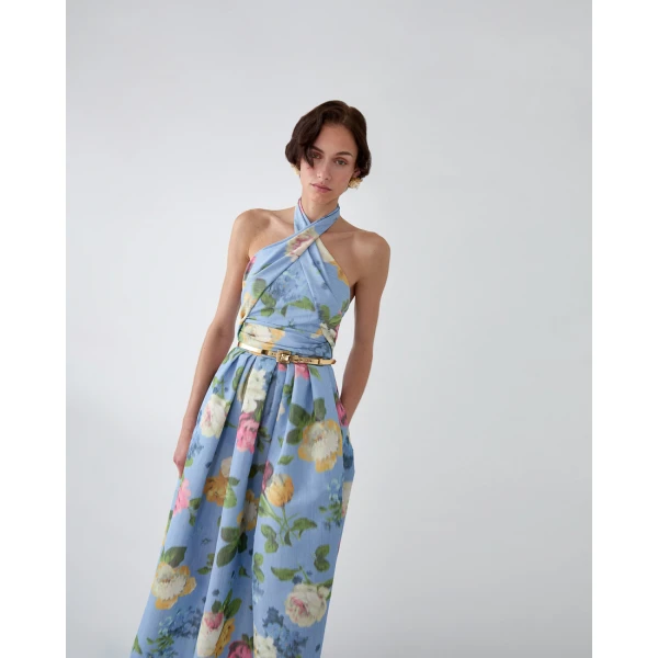 Carolina Herrera Chiné Floral-Print Halterneck Dress in Cloudy Blue Mult, view 4
