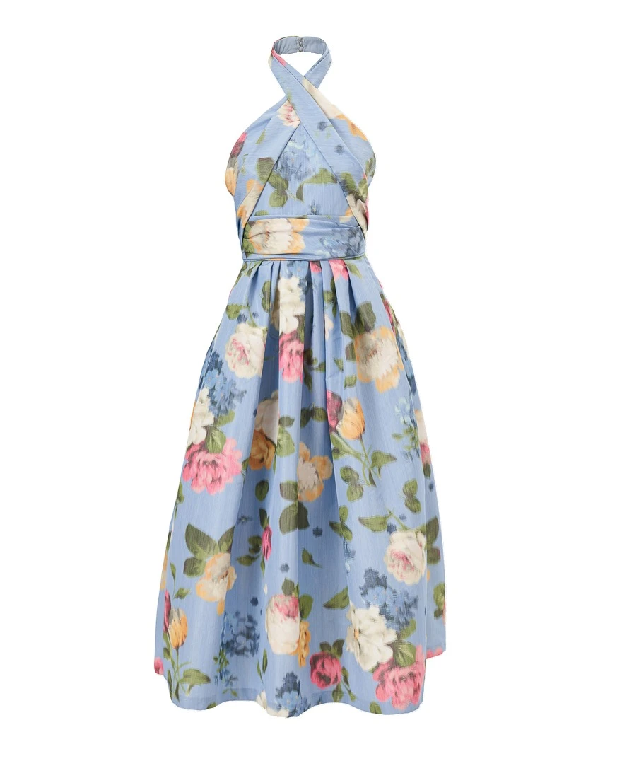 Carolina Herrera Chiné Floral-Print Halterneck Dress in Cloudy Blue Mult | Dresses | Luxury Shoes Carolina Herrera Chiné Floral-Print Halterneck Dress in Cloudy Blue Mult