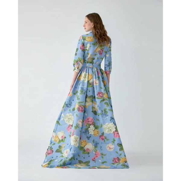 Carolina Herrera Chiné Floral-Print Shirt in Cloudy Blue Mult, view 3