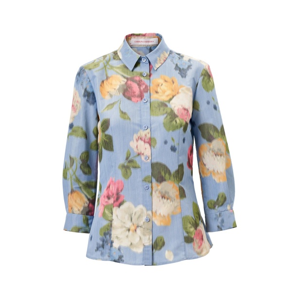 Carolina Herrera Chiné Floral-Print Shirt in Cloudy Blue Mult