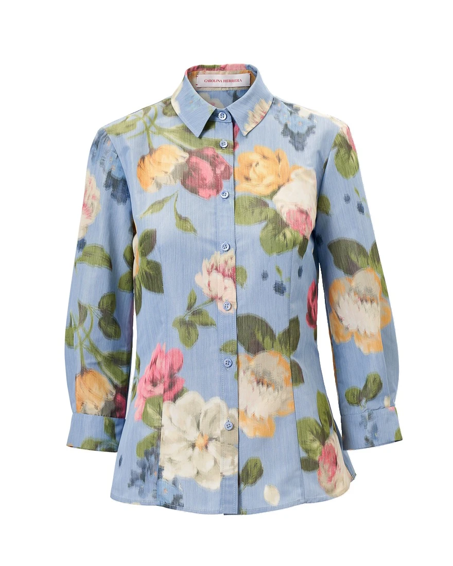 Carolina Herrera Chiné Floral-Print Shirt in Cloudy Blue Mult | Tops | Luxury Shoes Carolina Herrera Chiné Floral-Print Shirt in Cloudy Blue Mult