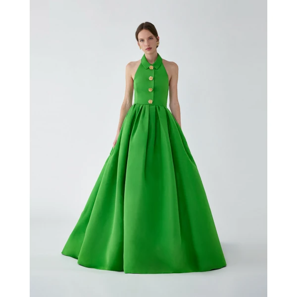 Carolina Herrera Collared Halterneck Gown in Lawn Green, view 2