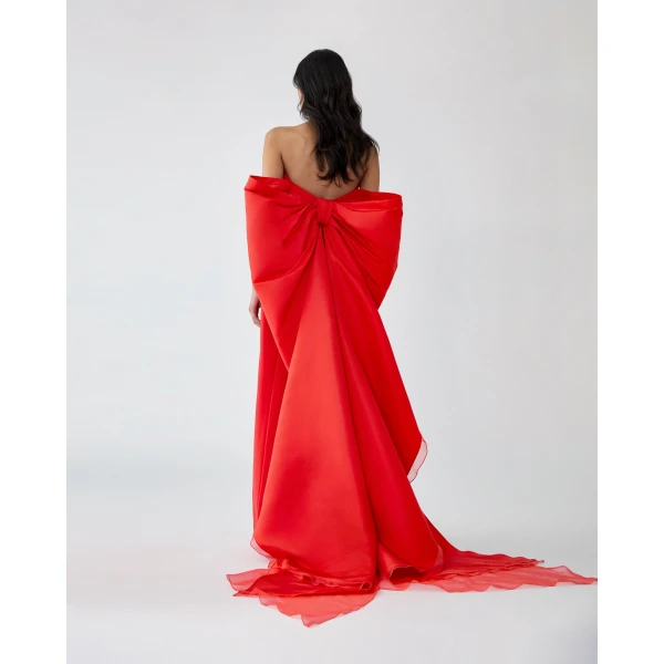 Carolina Herrera Column Gown with Bow Train in Chili Red, view 3