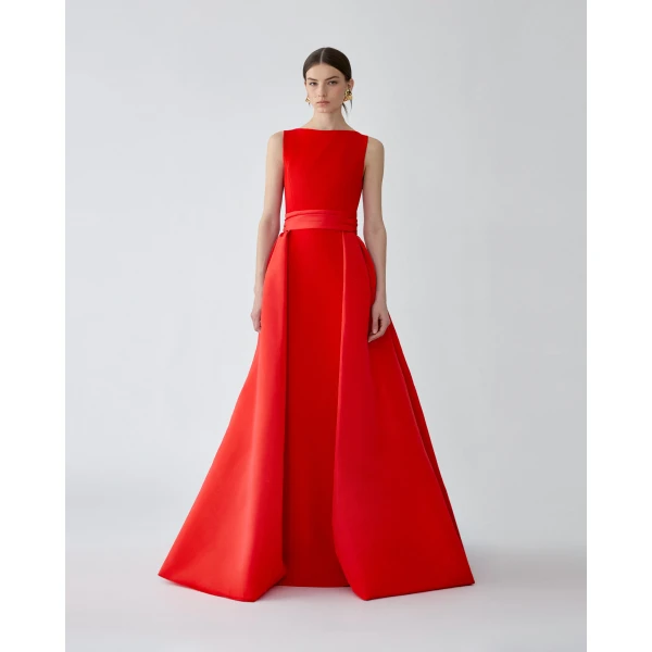 Carolina Herrera Column Gown with Overskirt in Chili Red, view 2