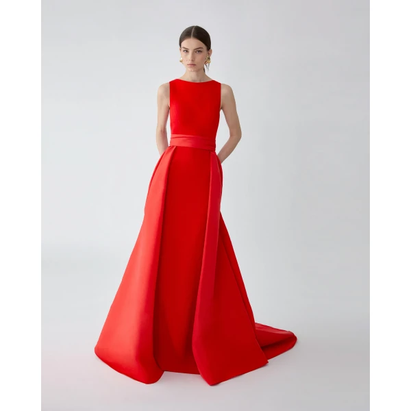 Carolina Herrera Column Gown with Overskirt in Chili Red, view 4