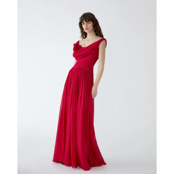 Carolina Herrera Draped Chiffon Gown with Floral Embellishment, view 4