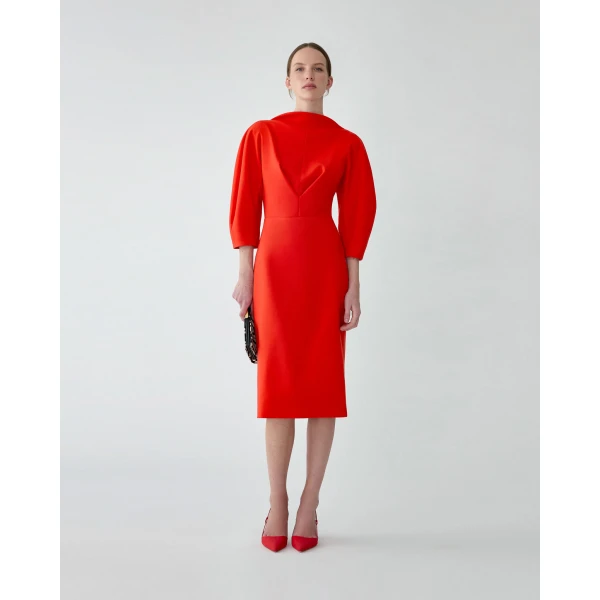Carolina Herrera Draped-Neck Sheath Dress in Chili Red, view 2