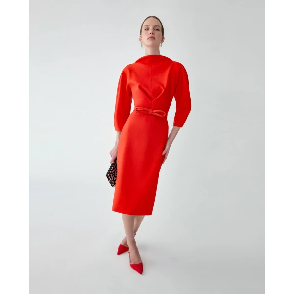 Carolina Herrera Draped-Neck Sheath Dress in Chili Red, view 5