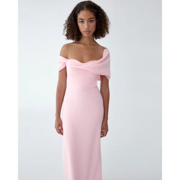 Carolina Herrera Draped Off-Shoulder Column Gown in Rosewater, view 4