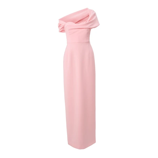 Carolina Herrera Draped Off-Shoulder Column Gown in Rosewater