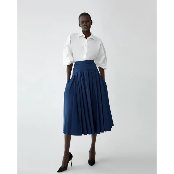 Carolina Herrera Drop Waist Pleated Midi Skirt in Midnight, view 4