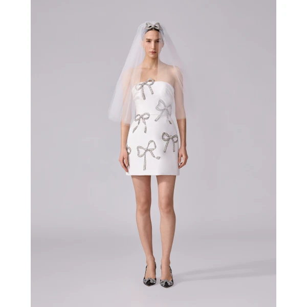 Carolina Herrera Embroidered Bow Tiara and Veil in White, view 2