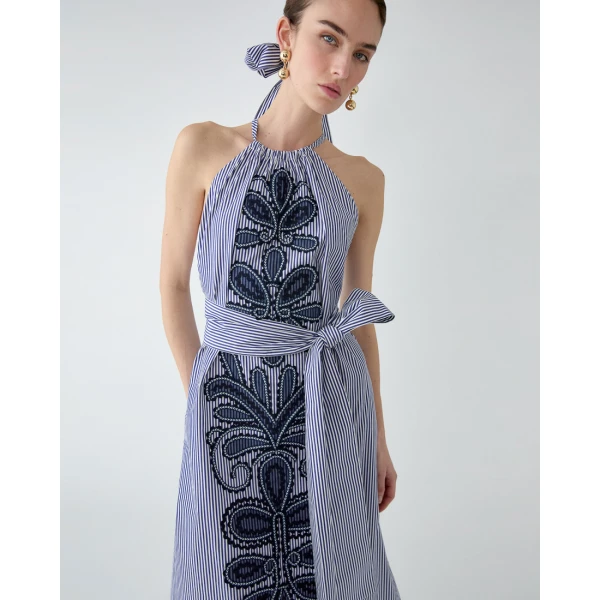 Carolina Herrera Embroidered Striped Halterneck Midi Dress, view 4