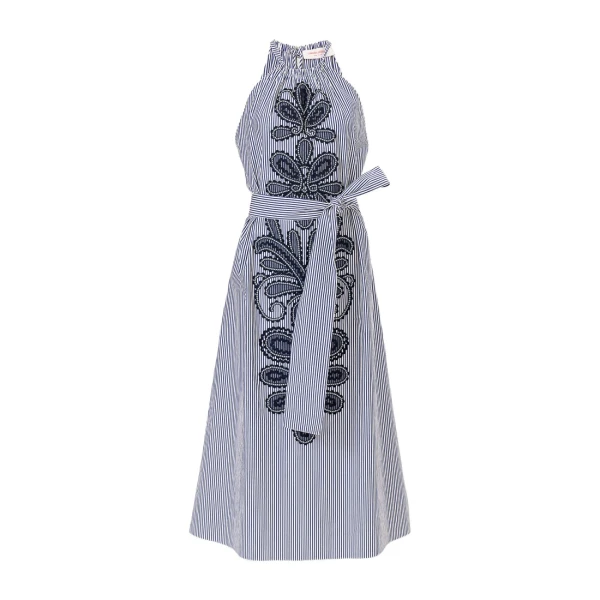 Embroidered Striped Halterneck Midi Dress