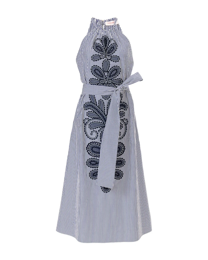 Carolina Herrera Embroidered Striped Halterneck Midi Dress | Dresses | Luxury Shoes Carolina Herrera Embroidered Striped Halterneck Midi Dress