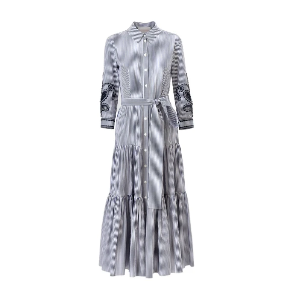 Embroidered Striped Midi Shirt Dress