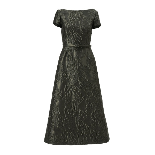 Carolina Herrera Floral Cloque Lurex Jacquard A-Line Dress in Forest Green